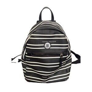 Tommy Hilfiger Backpack Small Black/White/Grey Stripe Zip Around Top Preowned